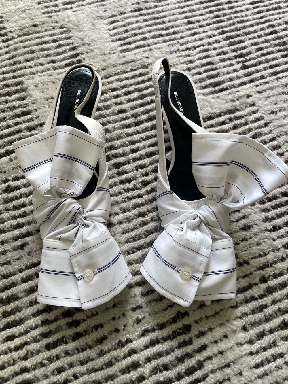 Balenciaga | Nappa Stripe Poplin Pointed Toe Knife Chemise Slingback Mules - Picture 5 of 8